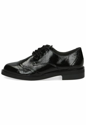 Black patent leather lace-up shoes with a rounded toe, flat rubber sole, and small decorative perforations along the edges.