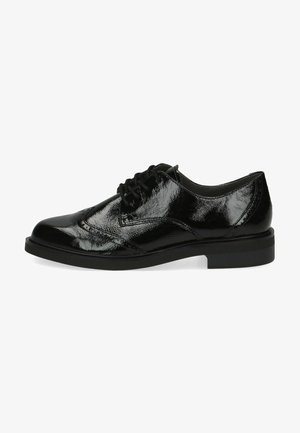Black patent leather lace-up shoes with a rounded toe, flat rubber sole, and small decorative perforations along the edges.