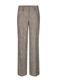 Bruine, textuurrechte pijpen met riemlussen en een frontale plooival, weergegeven tegen een witte achtergrond.