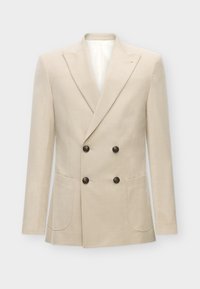 Beige Doppelreiher-Blazer aus einemLeinen-Mischgewebe. Verfügt über zwei vordere Taschen und schwarze Knöpfe. Sauberes, strukturiertes Design mit scharfen Revers.