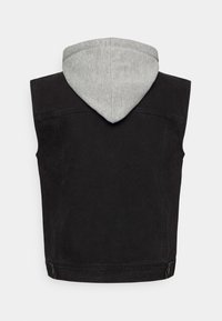 Black denim vest with a gray hood. Features a sleeveless design and contrasting material at the hood, with a simple, clean silhouette.