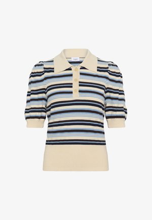 Krótki rękaw, dzianinowa bluzka z beżowym kołnierzem i plisą na guziki, z poziomymi paskami w kolorach beżowym, niebieskim i czarnym.