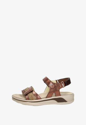 Women's open-toe sandal with bronze metallic leather straps, woven detail, adjustable Velcro closures, and cushioned beige sole.