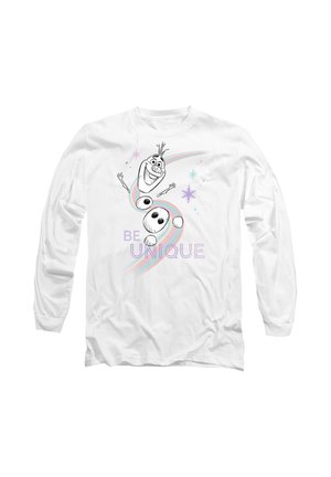 White long-sleeve shirt featuring a graphic of a snowman character. Text reads "BE UNIQUE." Graphic includes colorful swirls and stars.