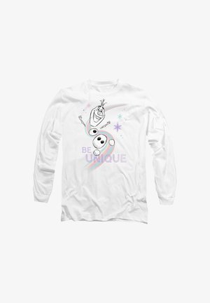 White long-sleeve shirt featuring a graphic of a snowman character. Text reads "BE UNIQUE." Graphic includes colorful swirls and stars.
