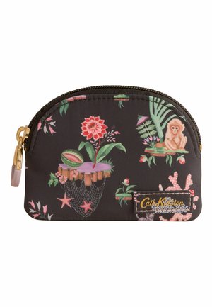 Small black zippered pouch with floral and monkey illustrations, a red flower, green leaves, and a Cath Kidston logo patch.