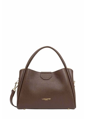 Sac à main en cuir marron texturé avec poignées supérieures, bandoulière amovible, ferrures dorées et signature "Lancaster Paris" en lettres dorées.