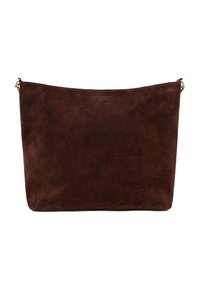 Brown suede shoulder bag with a smooth texture, rectangular shape, and minimalistic design. Features a simple top closure and short strap.