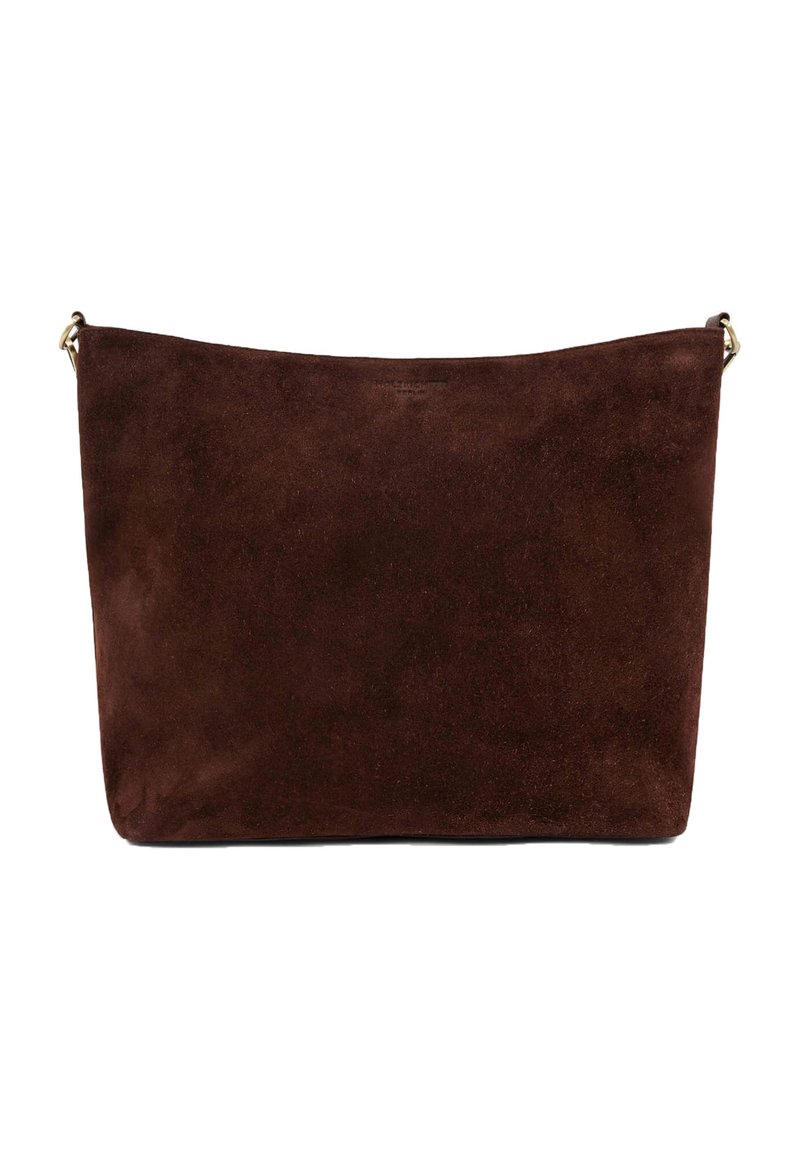 Brown suede shoulder bag with a smooth texture, rectangular shape, and minimalistic design. Features a simple top closure and short strap.