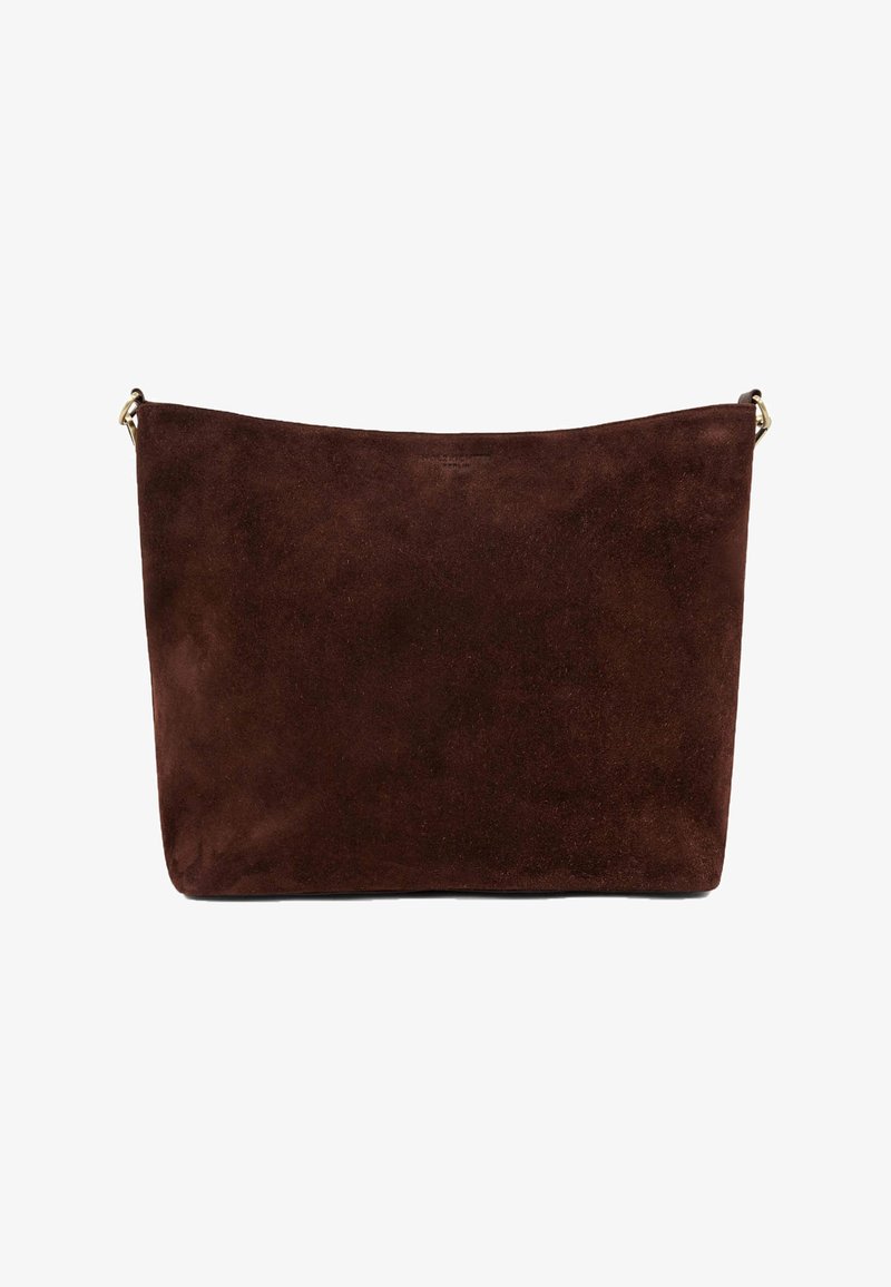 Brown suede shoulder bag with a smooth texture, rectangular shape, and minimalistic design. Features a simple top closure and short strap.