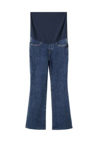 Donkerblauwe zwangerschapsjeans met een rekbare hoge tailleband en een wijduitlopende pijp, plat gelegd op een witte achtergrond.