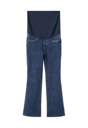 Ciemnoniebieskie dżinsy ciążowe z elastycznym, wysokim pasem i rozkloszowanymi nogawkami, ułożone płasko na białym tle.