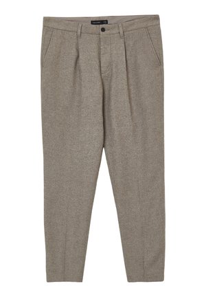 Pantaloni marrone chiaro, textured, con una vestibilità sartoriale, dotati di chiusura con un solo bottone e tasche laterali. Tessuto morbido con un motivo sottile.