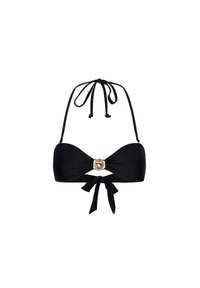 Zwarte bikini-top met een halternekdesign, een centraal gouden hardware-detail en een striksluiting aan de achterkant. Glad, rekbaar stof.