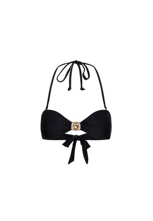 Zwarte bikini-top met een halternekdesign, een centraal gouden hardware-detail en een striksluiting aan de achterkant. Glad, rekbaar stof.
