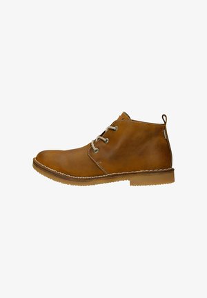 Brown leather ankle boots with a round toe, lace-up design, stitched detailing, and a rubber sole. Small pull tab on the heel.