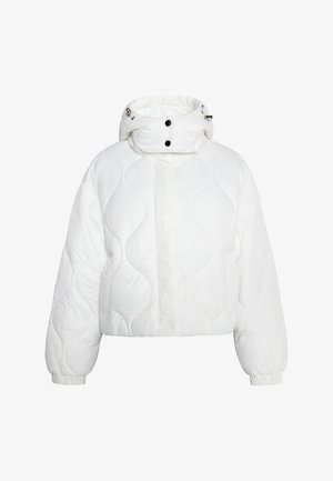 Bela jakna s kvadratnim šivom in visokim ovratnikom ter nastavljivim vrvico. Ima zaponke na gumb in elastične manšete. Gladek, sijoč izgled.