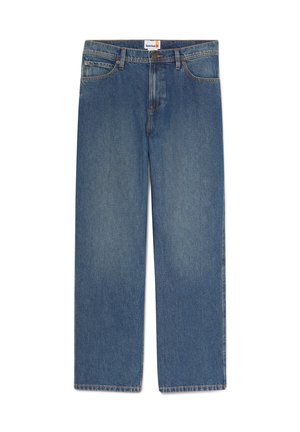 Blaue Straight-Leg-Denim-Jeans mit Fronttaschen, Gürtelschlaufen, Knopfverschluss und Timberland-Label am Taillenband.