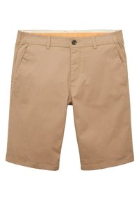 Short beige longueur genou avec fermeture par bouton et zip, poches latérales et passants de ceinture dans un design sobre.