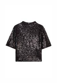 Top negro de lentejuelas con mangas cortas, escote redondo y un ligero brillo. Presenta un corte holgado y una textura suave. Detalle de cierre en la parte posterior.