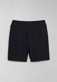 Shorts deportivos negros con una banda elástica en la cintura, hechos de una tela suave, con un diseño sencillo y sin patrones o acentos visibles.