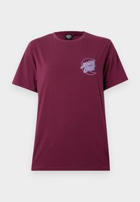 Burgundská bavlněná tričko s krátkými rukávy a kulatým výstřihem, s modro světle modrým logem "Santa Cruz" na levé části hrudi.