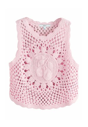 Haut sans manches rose en crochet avec un motif floral circulaire et un dessin de feuille au centre, présentant une texture en maille ajourée.