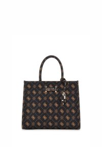 Borsa nera realizzata in materiale sintetico texturizzato con un motivo a monogramma dorato. Presenta due manici, un accento con logo e un ciondolo.