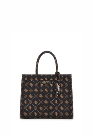 Borsa nera realizzata in materiale sintetico texturizzato con un motivo a monogramma dorato. Presenta due manici, un accento con logo e un ciondolo.