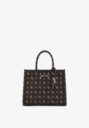 Borsa nera realizzata in materiale sintetico texturizzato con un motivo a monogramma dorato. Presenta due manici, un accento con logo e un ciondolo.
