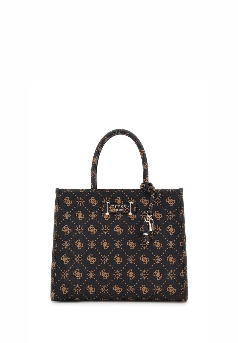 Borsa nera realizzata in materiale sintetico texturizzato con un motivo a monogramma dorato. Presenta due manici, un accento con logo e un ciondolo.