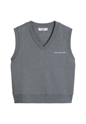 Vestă gri fără mâneci cu decolteu în V, cu tiv striat și mic logo „marc o polo denim” pe piept.
