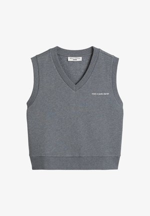 Sivá bezrukávová vesta s výstrihom do V, s rebrovaným lemovaním a malým logom "marc o polo denim" na hrudi.