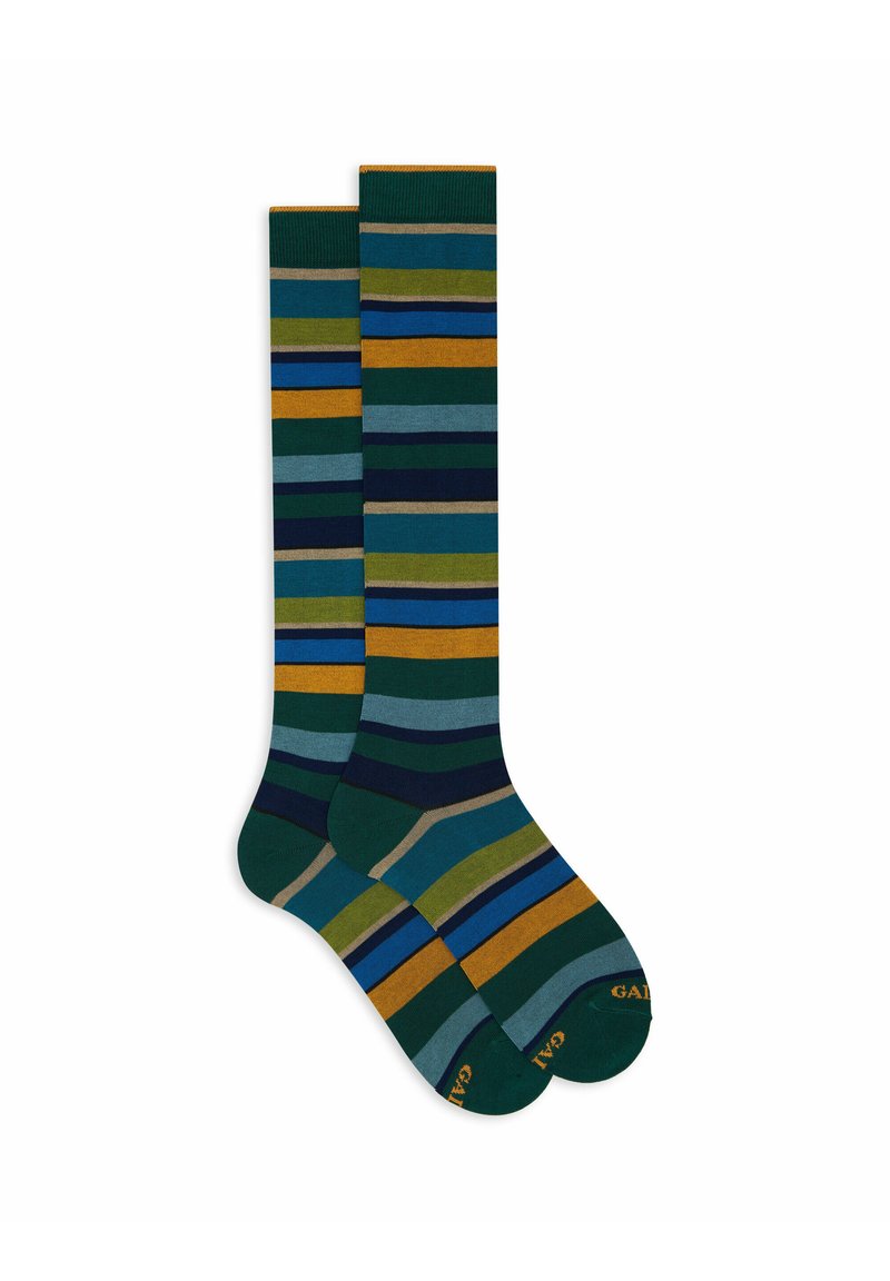 Calze a righe fino al ginocchio caratterizzate da colori verde, blu e arancione. Realizzate in un materiale morbido con una texture liscia e dettagli a contrasto.