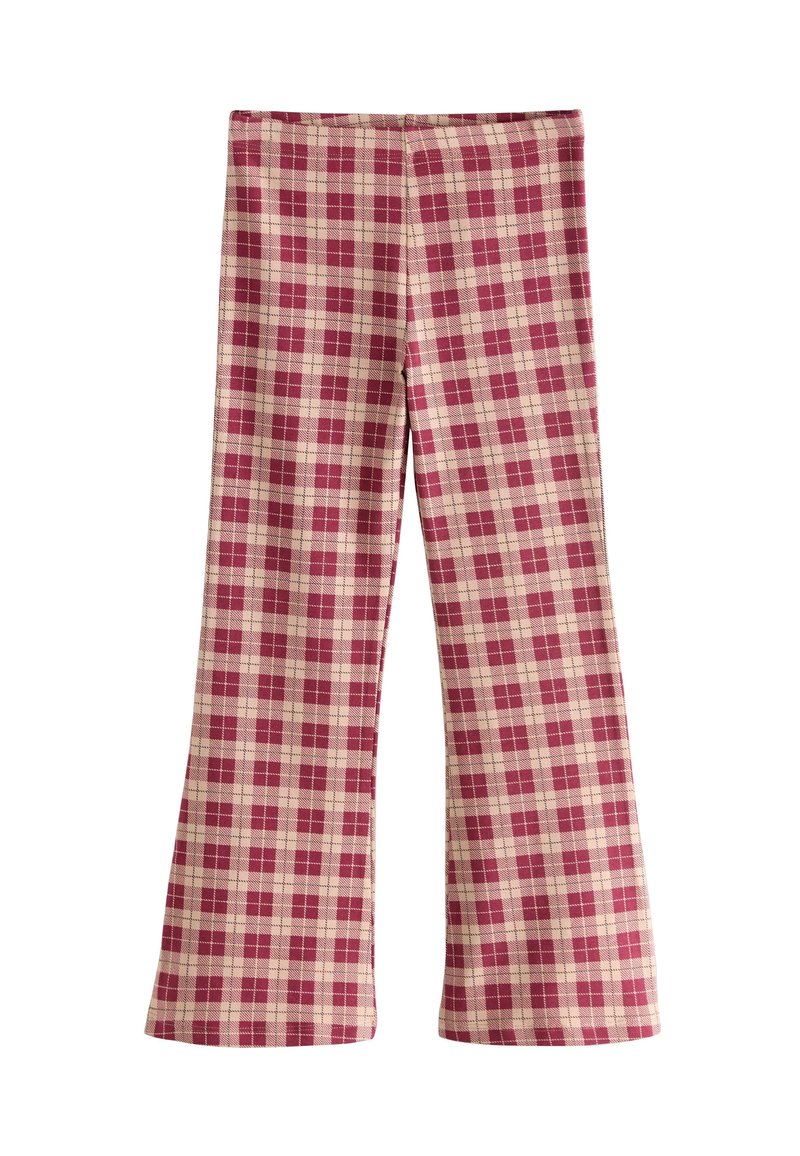 Pantalons évasés à motif écossais dans des nuances de bordeaux et de crème, fabriqués en tissu tissé avec une finition texturée, présentant un motif à carreaux.