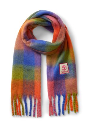 Pehmeä villahuivi, jossa on monivärinen ruutukuvio oranssin, sinisen, vihreän ja vaaleanpunaisen sävyissä, hapsutetut reunat ja Timberlandin logoplässi.