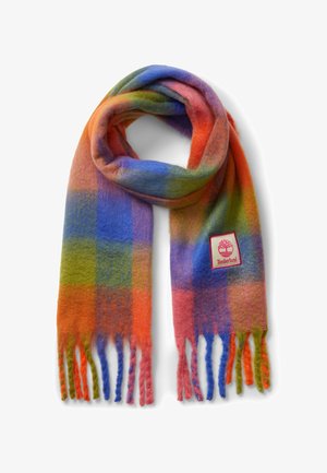 Écharpe en laine douce à motif à carreaux multicolores orange, bleu, vert et rose, avec des extrémités à franges et une pièce de logo Timberland.
