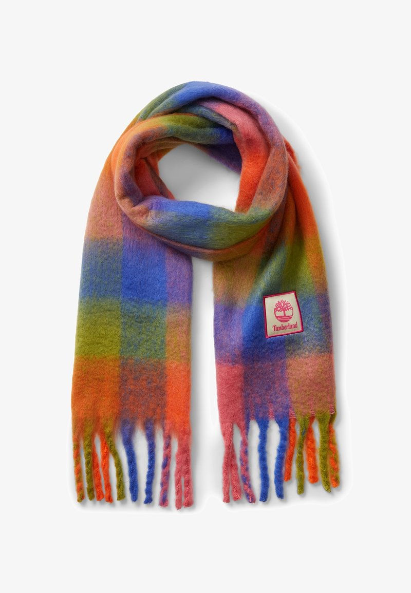 Écharpe en laine douce à motif à carreaux multicolores orange, bleu, vert et rose, avec des extrémités à franges et une pièce de logo Timberland.
