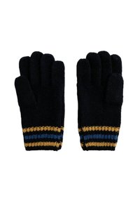 Pletené rukavice tmavomodrej farby s rebrovanou manžetou s žltými a modrými pruhmi. Päťprstový dizajn s textúrovaným, útulným vzhľadom.