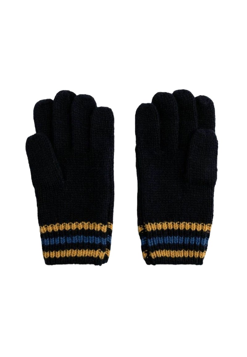 Pletené rukavice tmavomodrej farby s rebrovanou manžetou s žltými a modrými pruhmi. Päťprstový dizajn s textúrovaným, útulným vzhľadom.