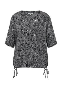 Haut à motifs noir et blanc avec des manches courtes, un col rond et des liens latéraux ajustables. Présente un imprimé géométrique et un design à coupe ample.
