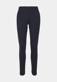 Leggings bleumarin, fabricate dintr-un material moale și elastic. Croială slim, cu o textură netedă și talie elastică; fără modele vizibile sau accesorii din metal.
