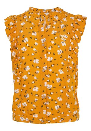 Ærmeløs gul bluse med hvidt blomstermønster, flæser på ærmerne, knapper foran og "Festival Girl" broderi på brystet.