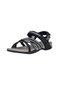 Marina sandaler med flerbandsdesign, som har en texturerad sula och justerbar baksandal. Mjukt, andningsbart tyg med grå accent.