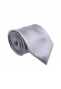 Cravatta in seta grigia chiara, caratterizzata da una texture liscia e un design semplice. Forma arrotolata con una punta affusolata. Nessun motivo o accessori.