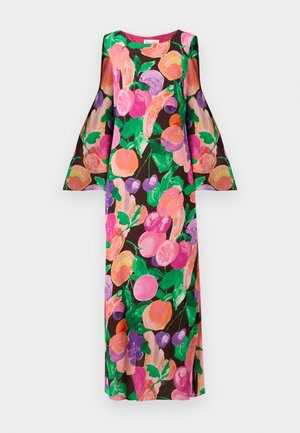 Maxi dress featuring a vibrant floral pattern on a dark background, with bell sleeves, a round neckline, and loose fit. Smooth texture.
