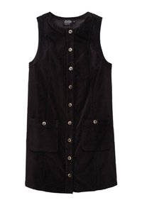 Robe en velours côtelé noir à design sans manches, fermeture à boutons sur le devant et deux grandes poches avant. Présente un col rond et un tissu texturé.