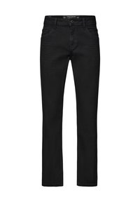 Jeans de mezclilla negra con un corte recto. Cuenta con cinco bolsillos, cierre de cremallera y botón, y detalles de costura sutiles. El material es suave y texturizado.