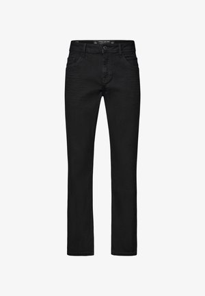 Schwarze Denim-Jeans mit geradem Schnitt. Verfügt über fünf Taschen, einen Reißverschluss und eine Knopfverschlüsse sowie dezente Steppdetails. Das Material ist weich und strukturiert.