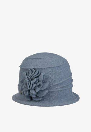 Blue felt cloche hat with a decorative felt flower on the side and subtle horizontal seam details.